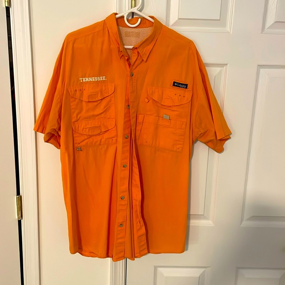 Orange Columbia PFG button up shirt- Large T for Tennessee Volunteers on back